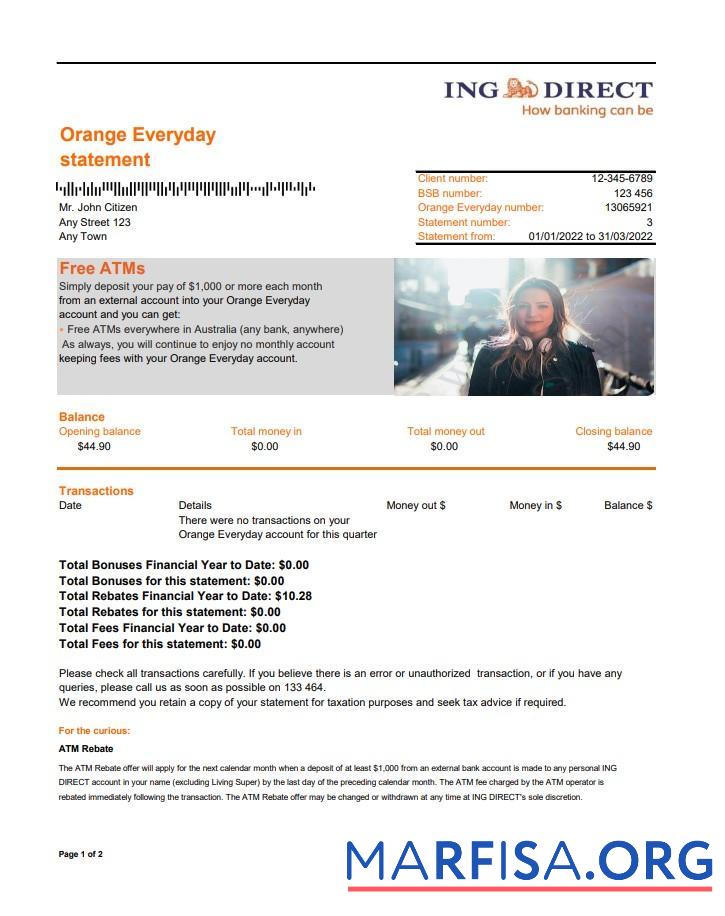 Realistic Australia ING Direct bank statement 2 pages real example